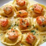 Plate of lobster ravioli topped with zesty lemon butter sauce