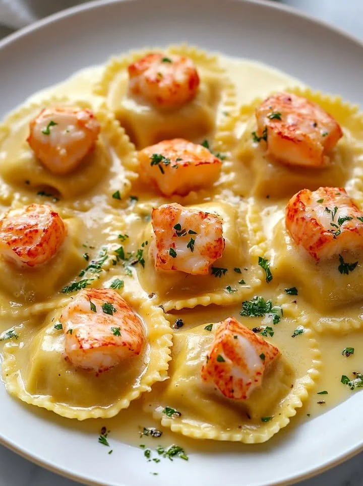 Plate of lobster ravioli topped with zesty lemon butter sauce