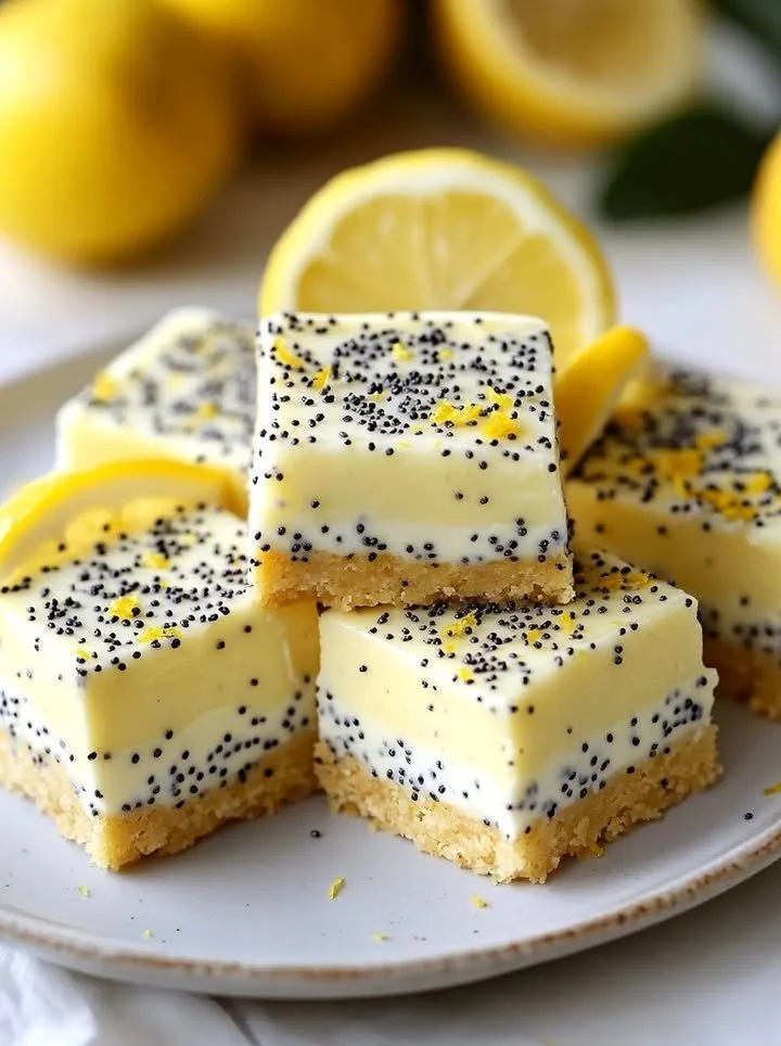 Low sugar lemon poppy seed Greek yogurt bars served on a plate