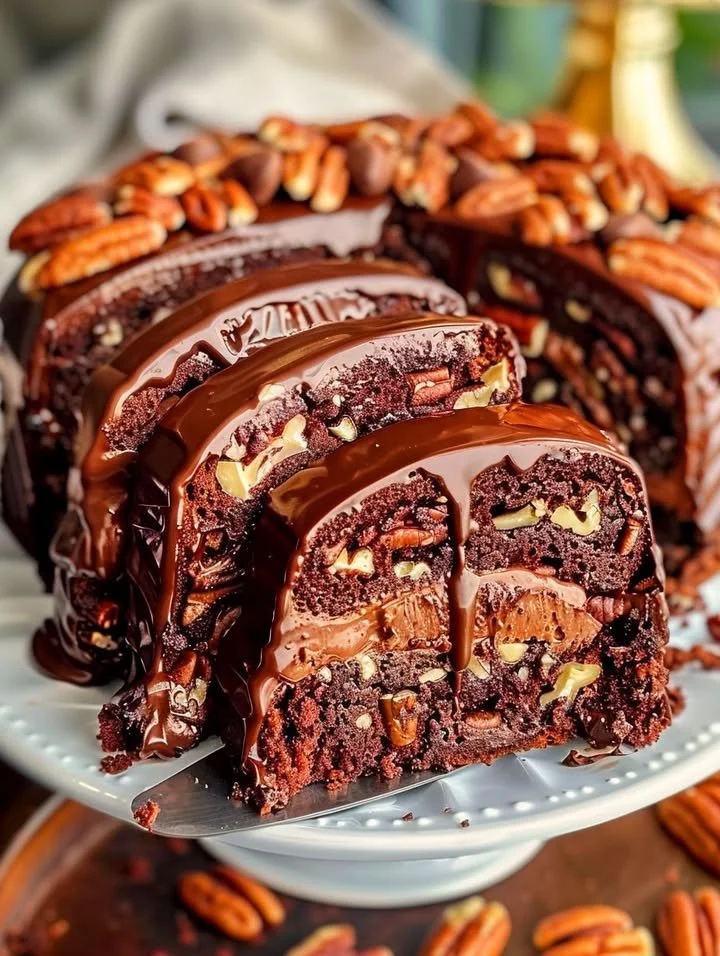 Luscious chocolate pecan cake topped with chocolate and pecan pieces