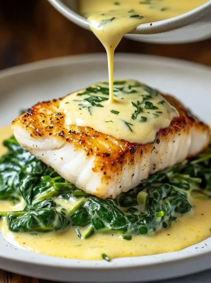 Lemon-garlic sea bass on a plate with creamed spinach