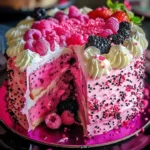 Luscious pink dragon fruit layer cake decorated with vibrant fruit and whipped cream