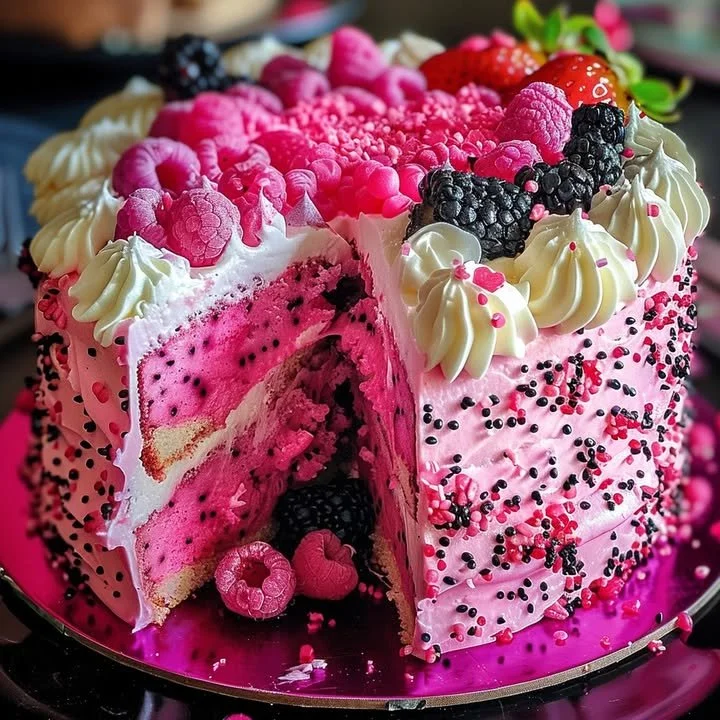 Luscious pink dragon fruit layer cake decorated with vibrant fruit and whipped cream