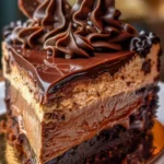 Luxurious triple chocolate cheesecake topped with caramel swirls
