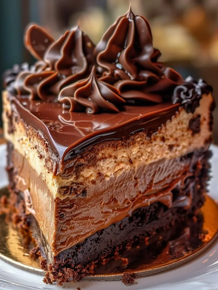 Luxurious triple chocolate cheesecake topped with caramel swirls