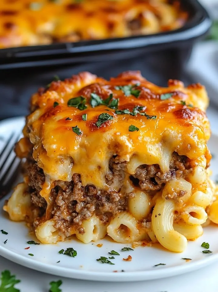 Delicious Mac and Cheese Meatloaf Casserole served on a plate