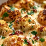 Delicious marry me roasted cauliflower served on a white plate with herbs