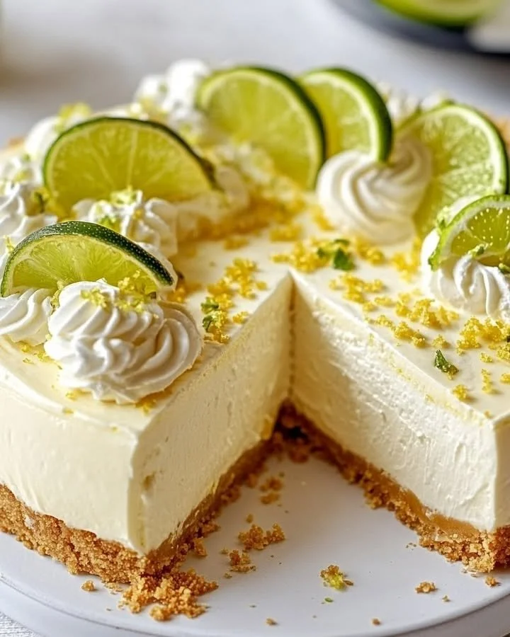Mary Berry’s zesty lemon lime cheesecake slice on a plate with fresh lime slice