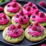 Matcha Raspberry Cookies with vibrant green matcha and red raspberries