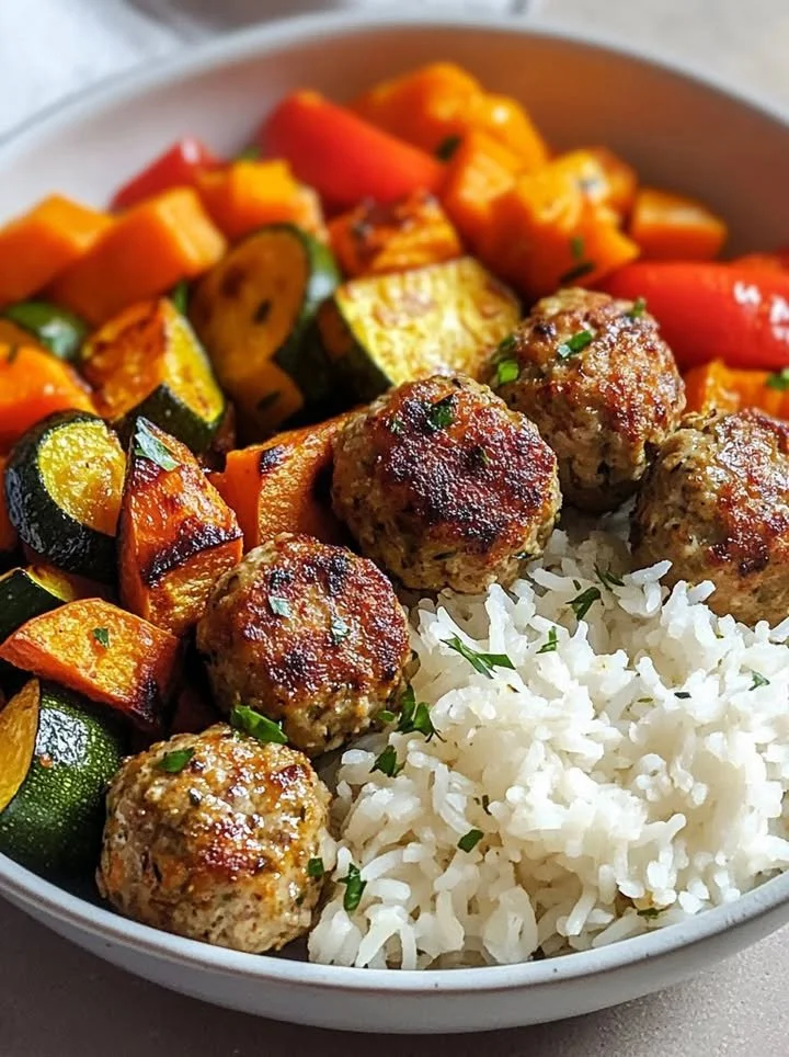 Plate of meatballs served with roasted vegetables and rice