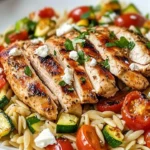 Mediterranean Chicken and Orzo Skillet with colorful vegetables in a pan
