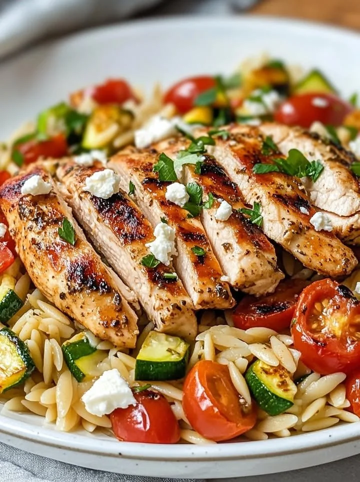 Mediterranean Chicken and Orzo Skillet with colorful vegetables in a pan