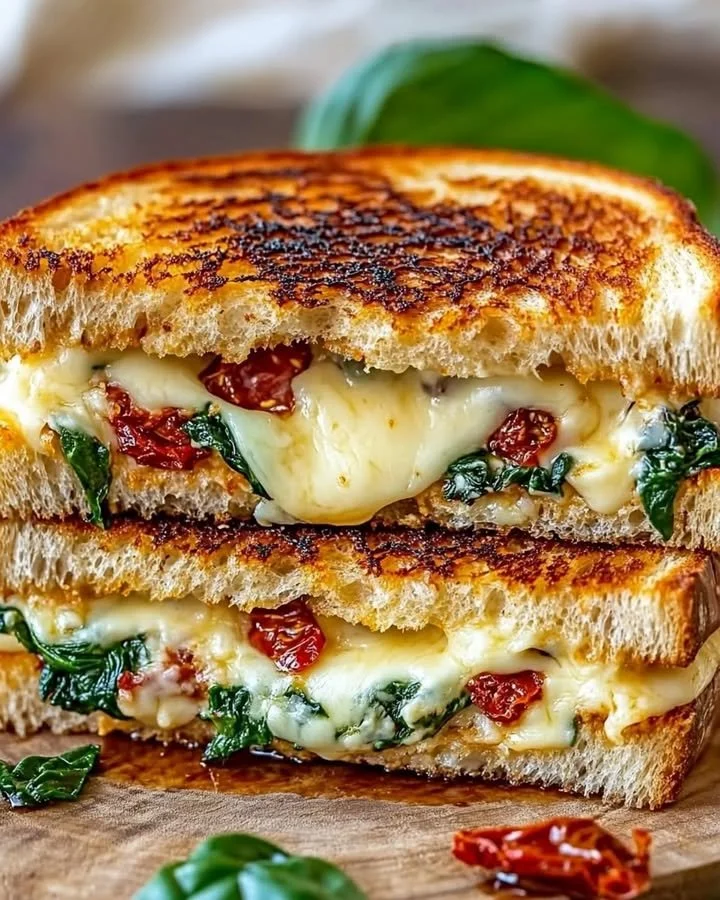 Mediterranean grilled cheese sandwich with fresh ingredients and golden crust.