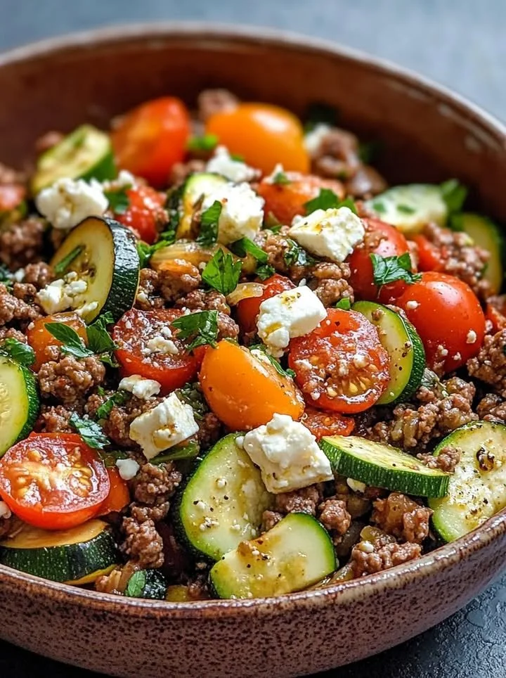 Mediterranean Ground Beef Stir Fry with vegetables served in a bowl
