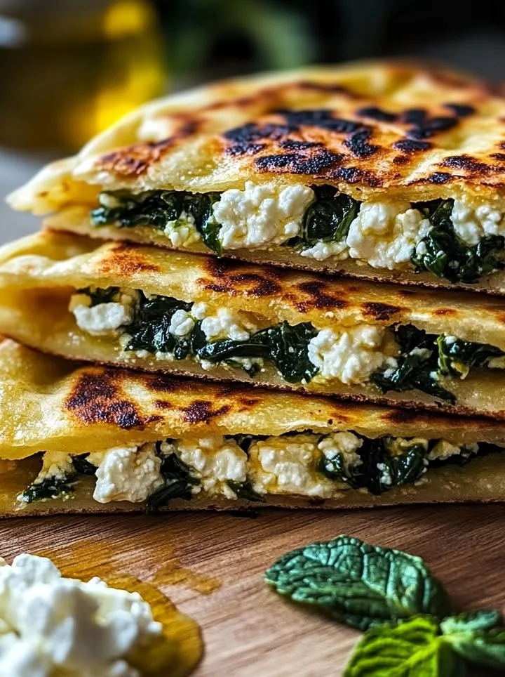Mediterranean mint and feta stuffed flatbreads on a wooden platter
