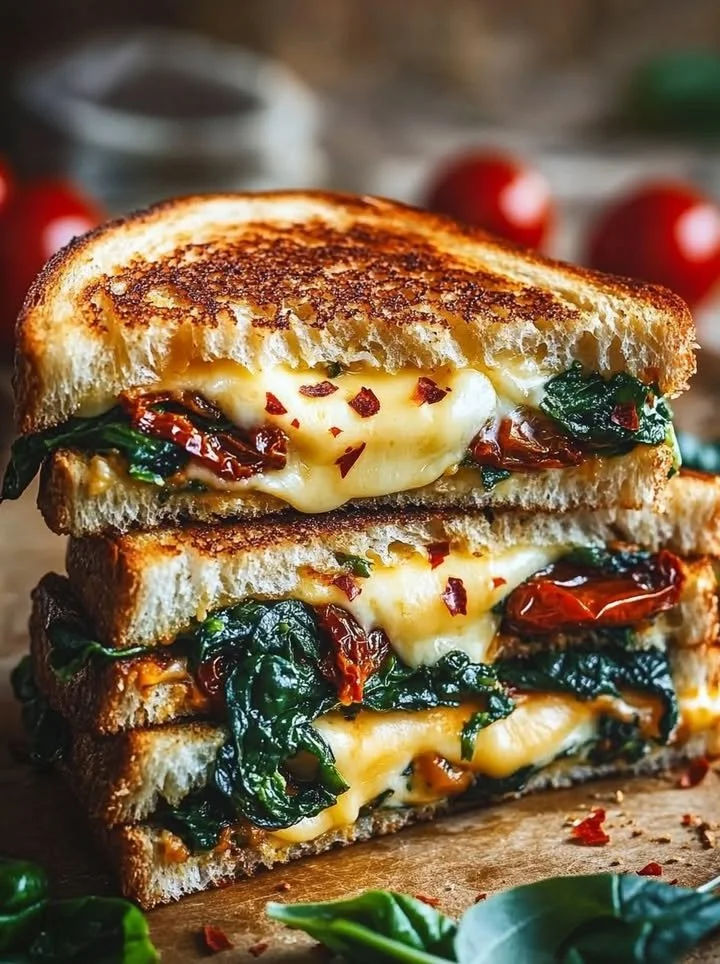 Mediterranean Spinach Grilled Cheese sandwich with melted cheese and fresh spinach