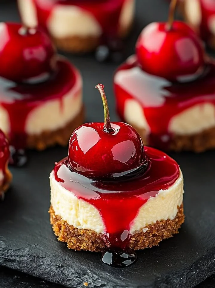 Mini cherry cheesecakes garnished with fresh cherries