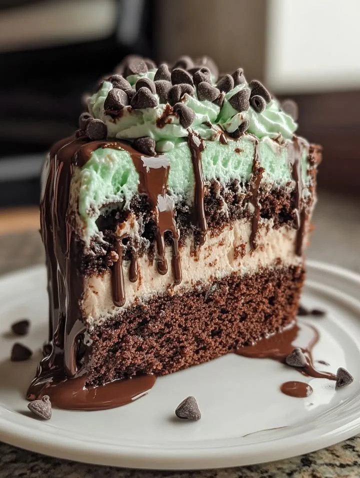 Mint Chocolate Chip Drip Cake with rich chocolate frosting and mint decorations