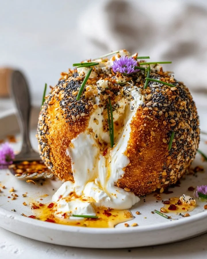 Molten Burrata Sphere with Bagel Crust, a cheesy and creamy culinary delight