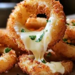 Crispy mozzarella-stuffed onion rings drizzled with garlic butter.