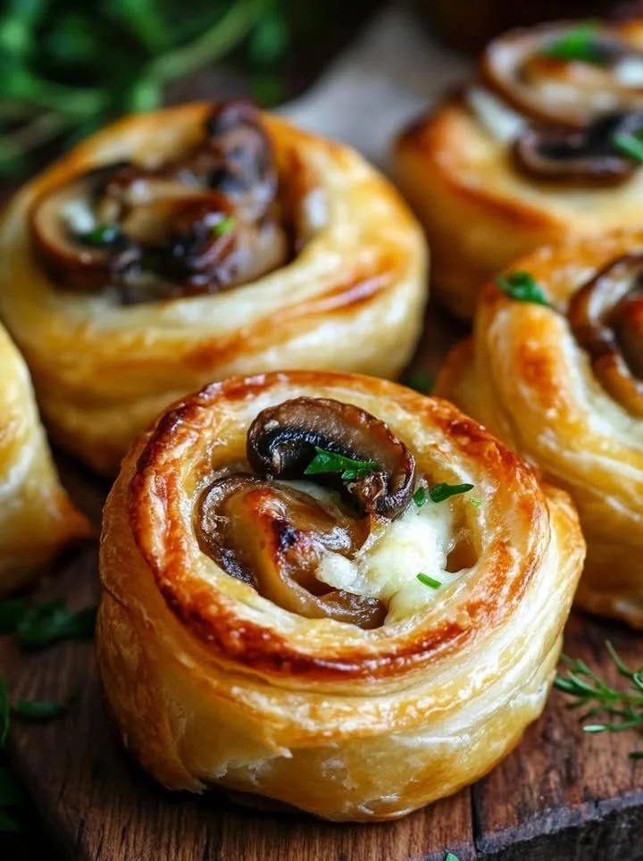 Mushroom Cheese Pinwheels with golden pastry and cheesy filling
