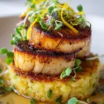 Mushroom scallops served on saffron risotto cakes, showcasing a gourmet vegetarian dish.