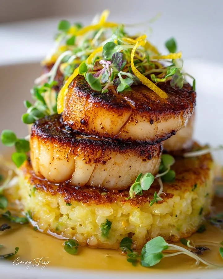 Mushroom scallops served on saffron risotto cakes, showcasing a gourmet vegetarian dish.