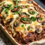 Delicious Mushroom Swiss Cheese Meatloaf served with a side of vegetables.
