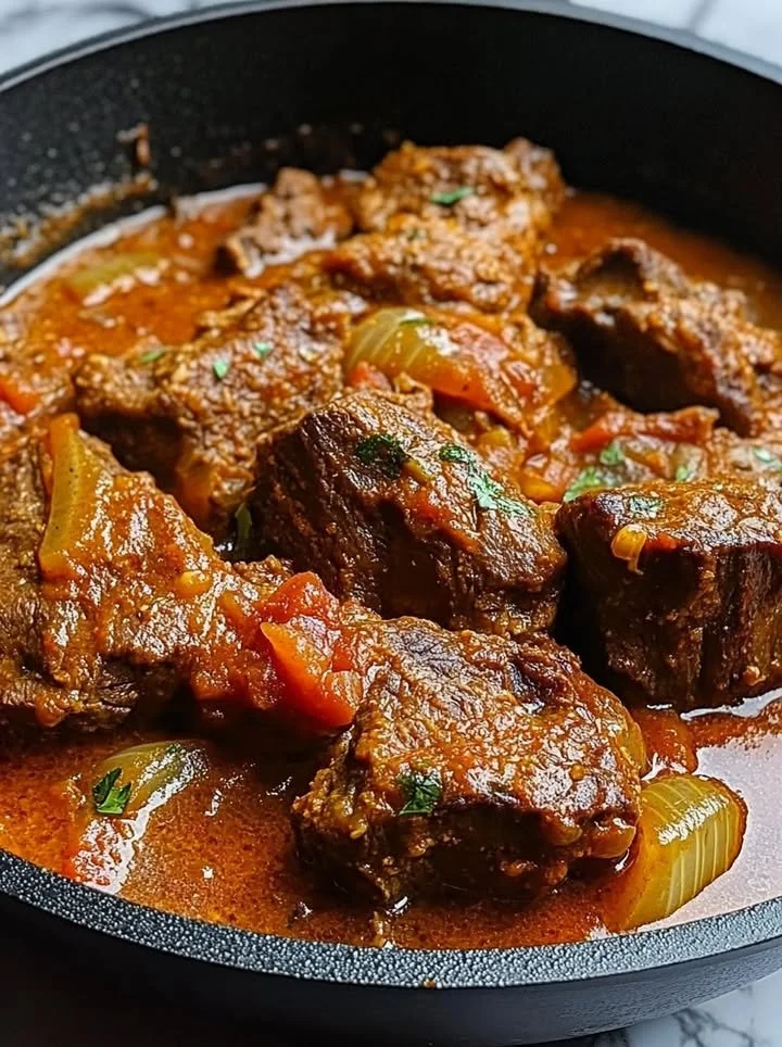 Delicious Nigerian beef stew with rich spices and tender meat served in a bowl.