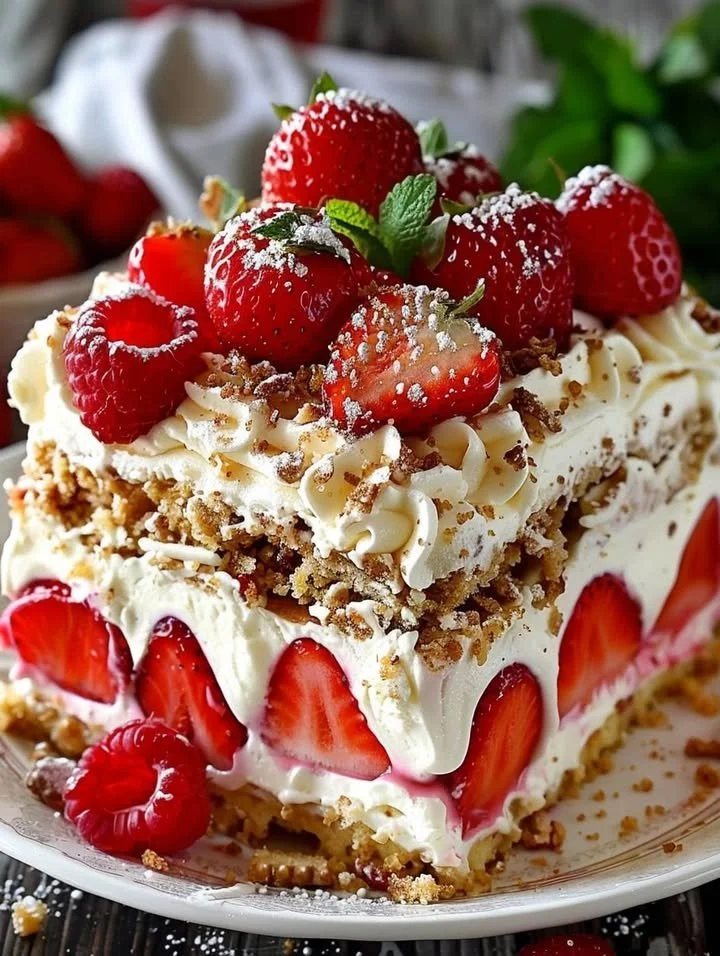 No Bake Berry Cheesecake Lasagna with fresh berries and creamy layers