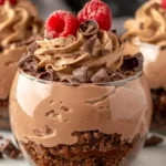 No-Bake Chocolate Cheesecake Parfait with Graham Cracker Crust served in a glass