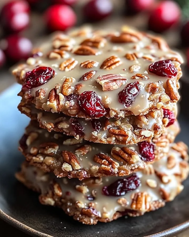 No-bake cranberry pecan praline cookies stacked on a plate