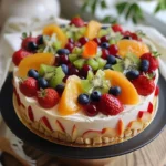 Delicious no-bake fruit cheesecake topped with fresh berries.