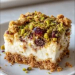 Delicious no-bake honey pistachio ricotta bars topped with pistachios