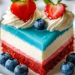 Delicious No Bake Patriotic Cheesecake with red, white, and blue layers