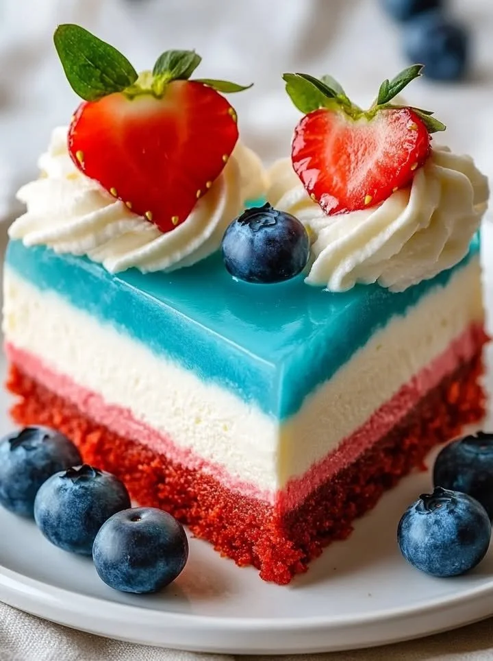 Delicious No Bake Patriotic Cheesecake with red, white, and blue layers