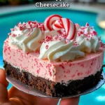 No-bake peppermint cheesecake topped with crushed candy canes