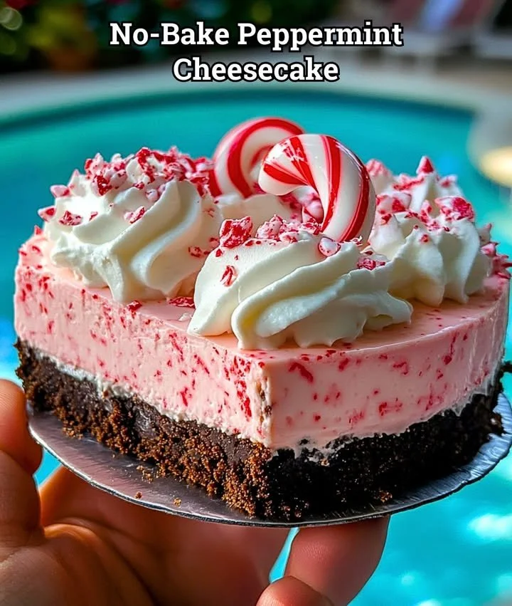 No-bake peppermint cheesecake topped with crushed candy canes