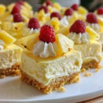 Delicious no-bake pineapple cheesecake dessert topped with fresh pineapple slices.