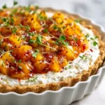 No-bake savory cheesecake tart with peach and thyme salsa garnish