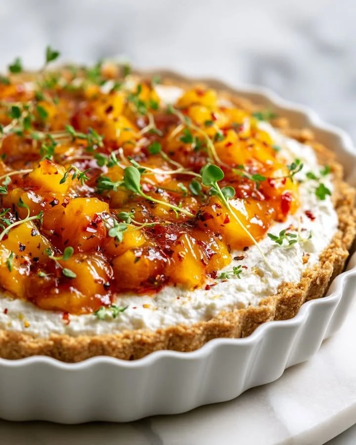 No-bake savory cheesecake tart with peach and thyme salsa garnish