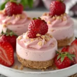 No-Bake Strawberry Banana Cheesecake Bites on a white plate with fresh strawberries