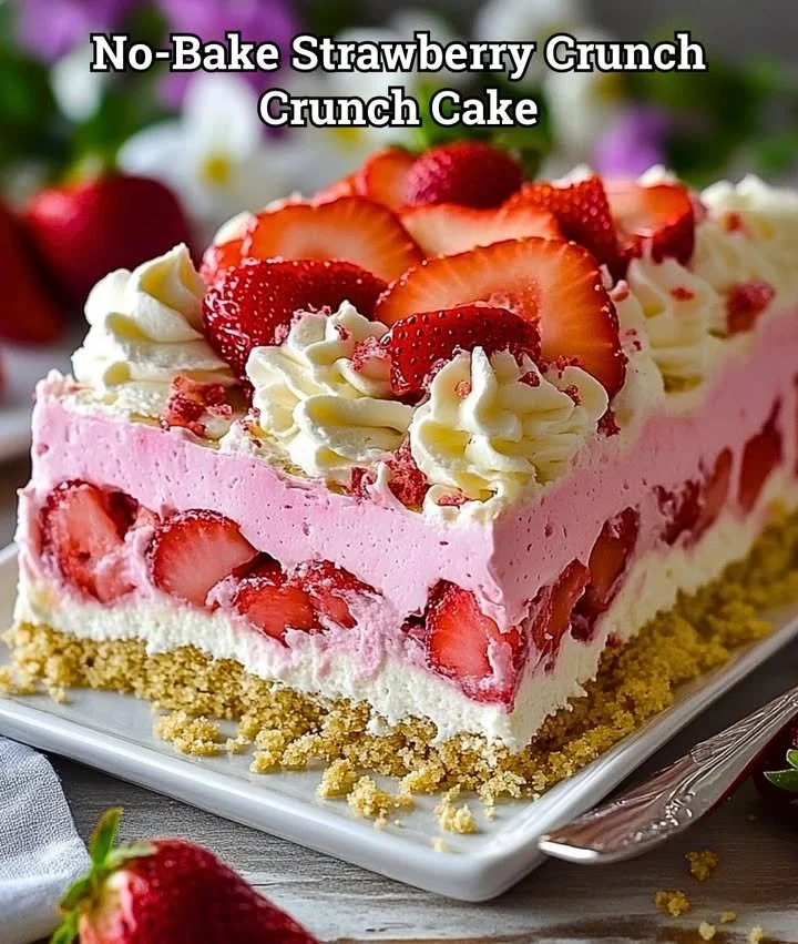 No-Bake Strawberry Crunch Cake topped with fresh strawberries and crunchy layer.