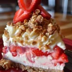 No-Bake Strawberry Crunch Cake with layers of strawberries and crunchy topping