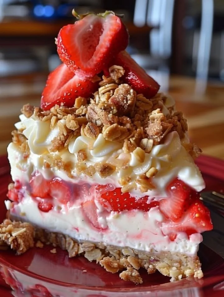 No-Bake Strawberry Crunch Cake with layers of strawberries and crunchy topping