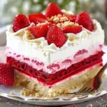 Delicious no-bake strawberry jello lasagna dessert layered with cream and berries