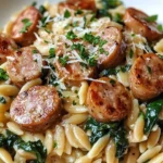One Pan Creamy Orzo with Chicken Sausage dish served in a skillet