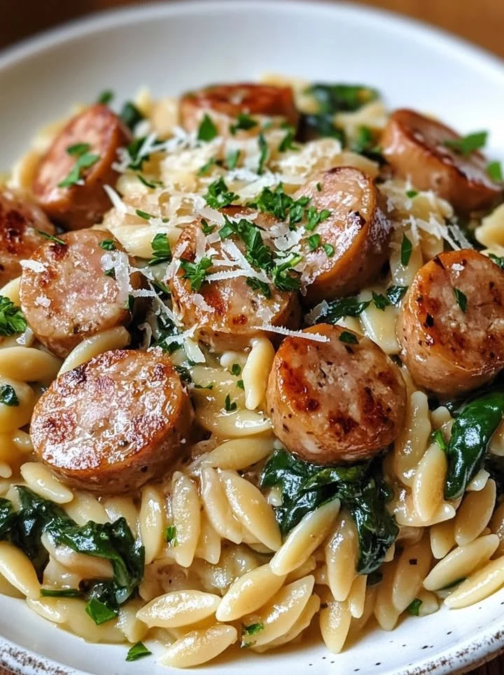 One Pan Creamy Orzo with Chicken Sausage dish served in a skillet