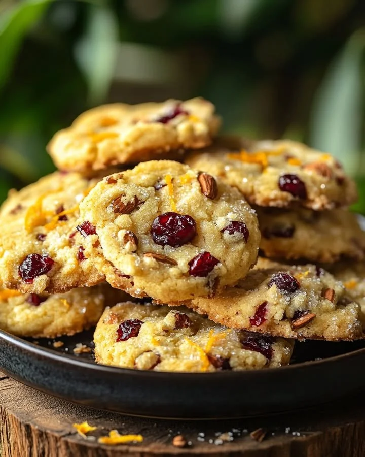 Plate of orange cranberry almond cookies with almonds and cranberries