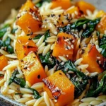 Orzo with roasted butternut squash and spinach in a bowl